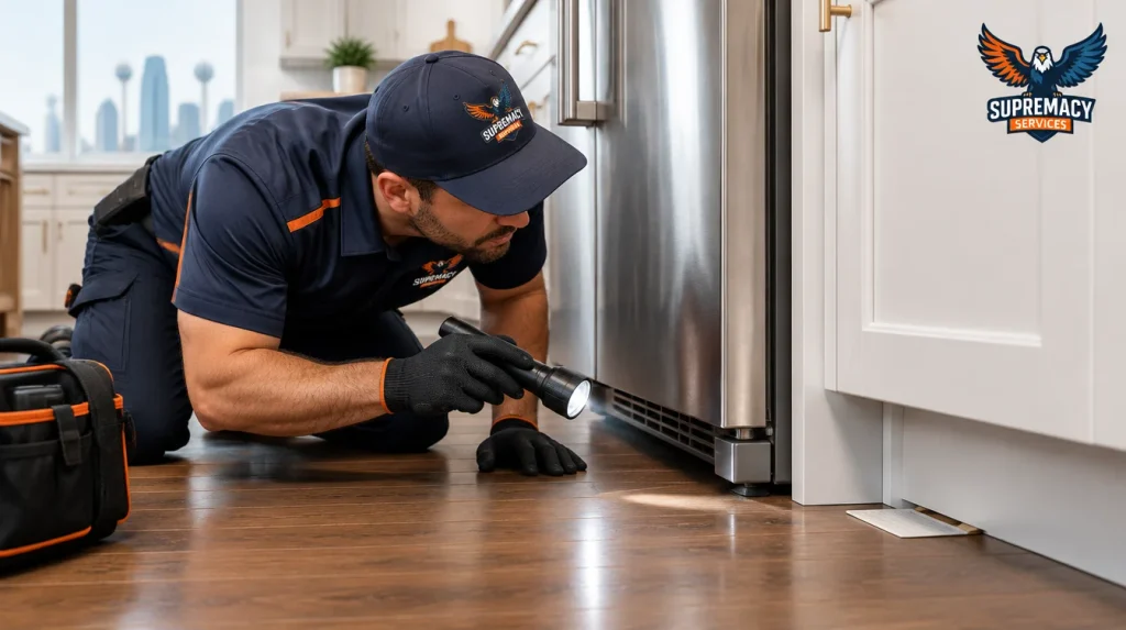 Pest control technician inspecting beneath kitchen appliances for cockroach activity in a Dallas home