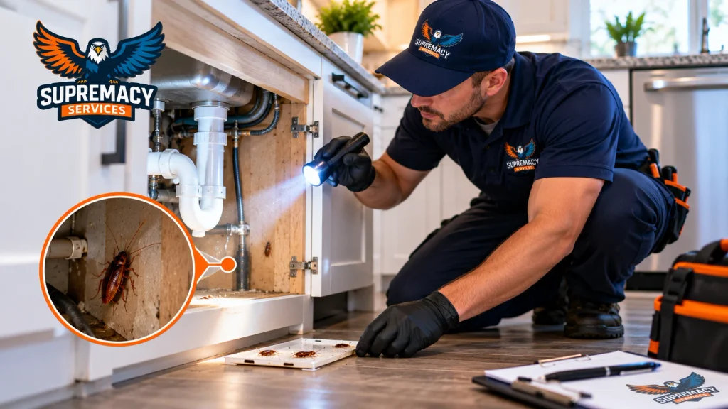 Pest control technician inspecting under a kitchen sink for cockroaches, moisture and hidden activity