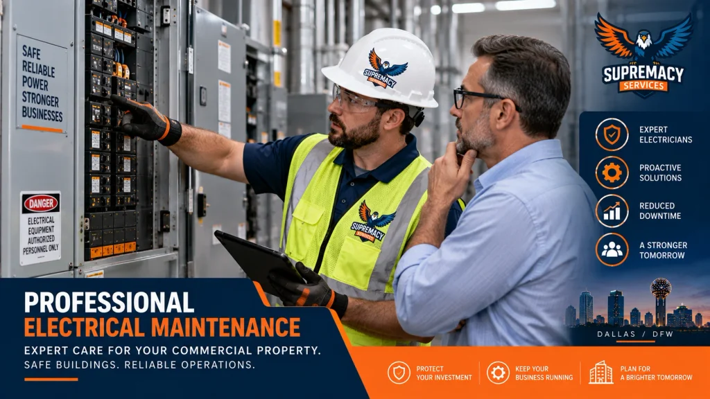 Commercial electrician reviewing electrical panels with a facility manager at a Dallas commercial property