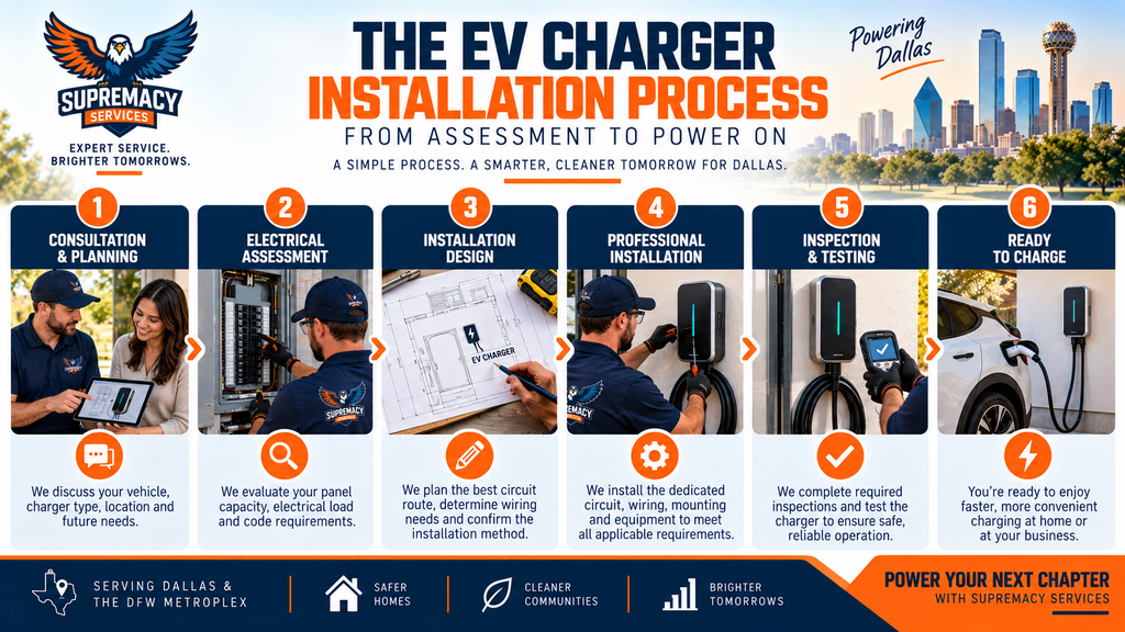 Professional EV charger installation process from electrical assessment and circuit planning to testing and charging