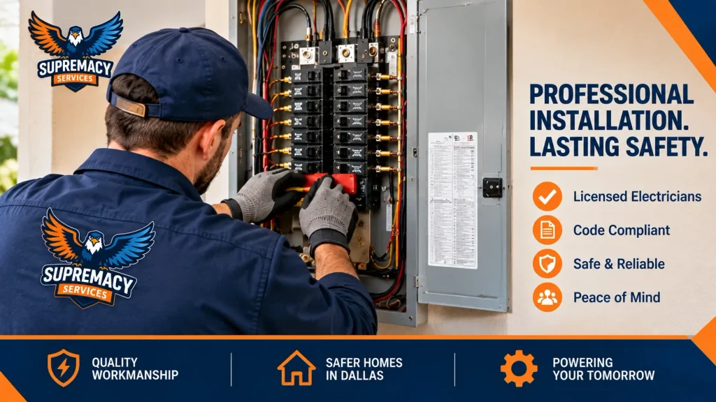 Supremacy Services electrician performing professional electrical panel installation and breaker work in a Dallas home.