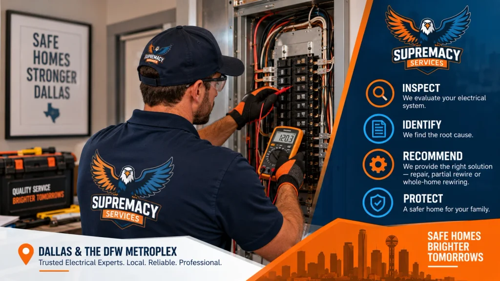 Supremacy Services electrician testing a Dallas home's electrical panel during a wiring inspection