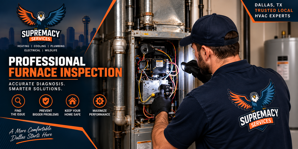 Furnace repair technician inspecting furnace in Dallas TX