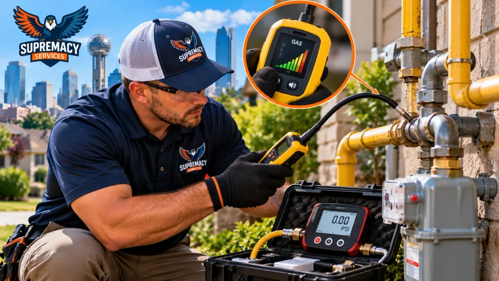 Supremacy Services technician using professional gas leak detection and pressure testing equipment on residential piping