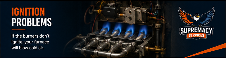 Close-up of blue gas flames inside a furnace burner assembly with "IGNITION PROBLEMS" text and the Supremacy Service company logo.