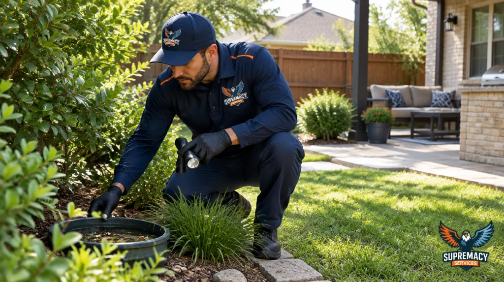 Pest control technician inspecting mosquito breeding and resting areas around a Dallas backyard