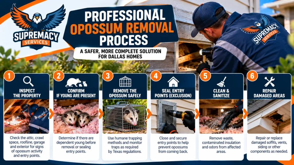 Six-step opossum removal process showing property inspection, checking for young, removal, exclusion, cleanup and repairs