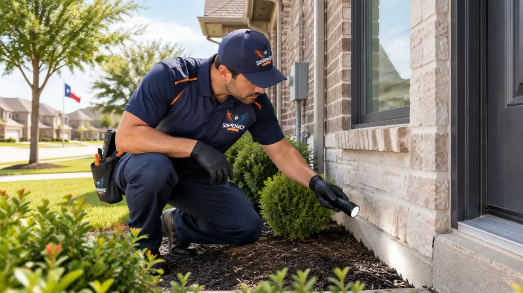 Pest control technician inspecting foundation and exterior entry points around a North Texas home