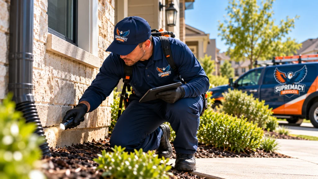 Supremacy Services pest-control technician inspecting foundation gaps and potential pest entry points at a North Texas home