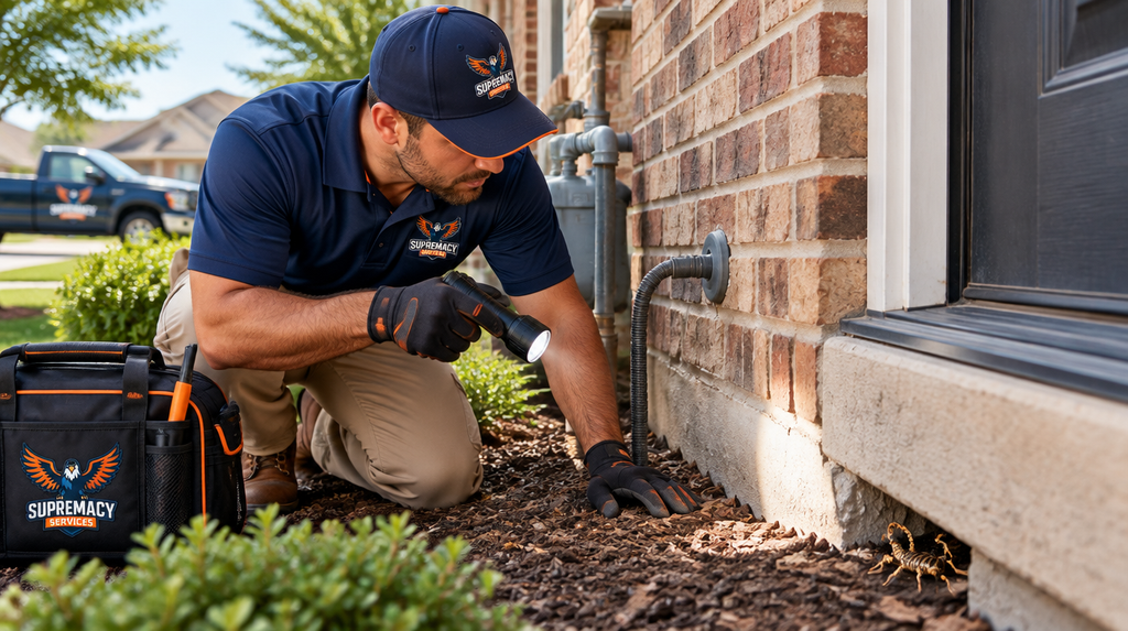 Pest control technician inspecting a Dallas home for scorpion entry points