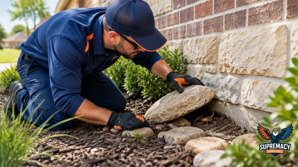 Pest control technician inspecting rocks and foundation gaps for scorpions at a North Texas home