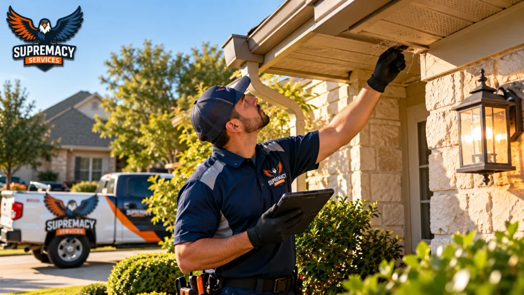 Supremacy Services technician inspecting roof eaves for spider activity at a DFW home