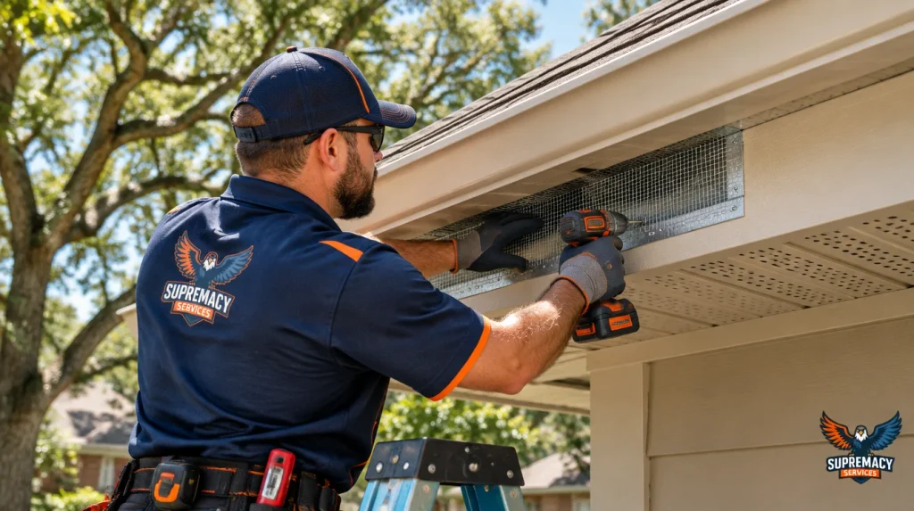 Technician sealing squirrel entry point in soffit on Dallas home