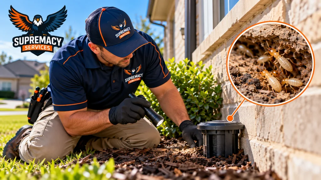 Supremacy Services technician inspecting a home foundation and termite monitoring station for signs of activity.