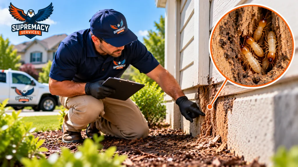 Pest control technician inspecting a Dallas-area home for signs of termites