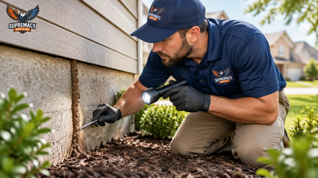 Supremacy Services technician inspecting termite mud tubes on a Dallas home foundation