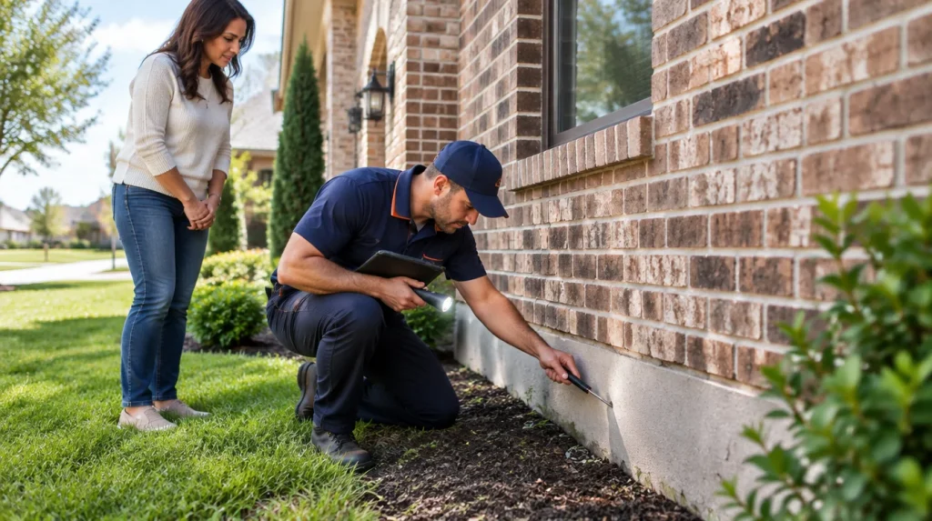 Pest control technician inspecting a Dallas-Fort Worth home for termite activity