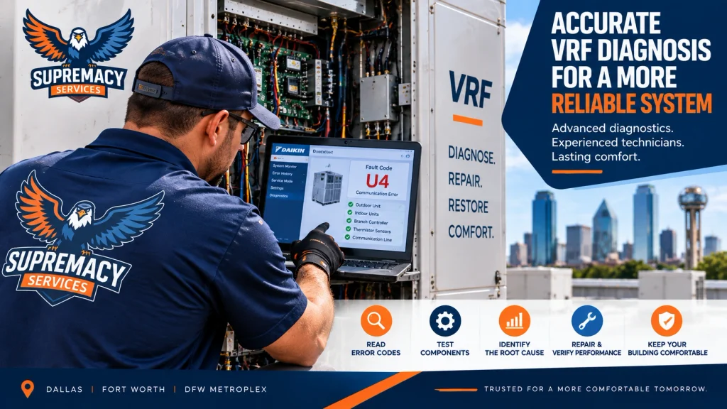 HVAC technician checking VRF error codes and electronic controls during system diagnosis