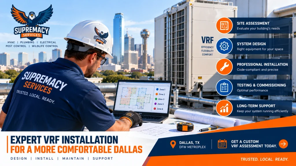 Supremacy Services HVAC technician reviewing plans and zoning requirements for a commercial VRF system installation in Dallas