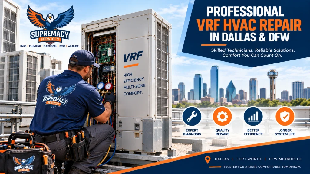 Supremacy Services technician servicing commercial VRF HVAC equipment on a Dallas rooftop