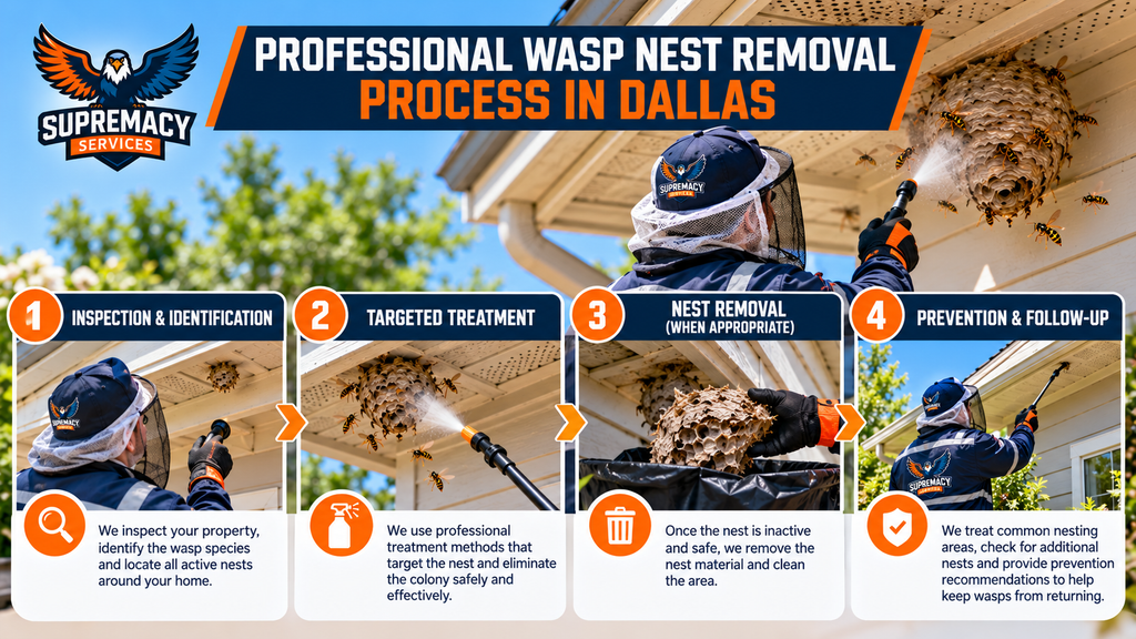 Supremacy Services wasp removal process showing inspection, targeted treatment, nest removal and prevention follow-up