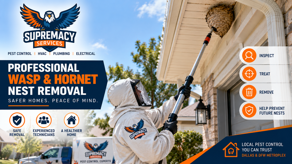 Pest-control technician using extension equipment to address a large wasp or hornet nest beneath a home's roofline.