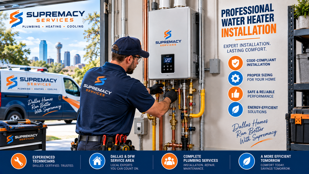 Professional tankless water heater installation in Dallas TX by Supremacy Services