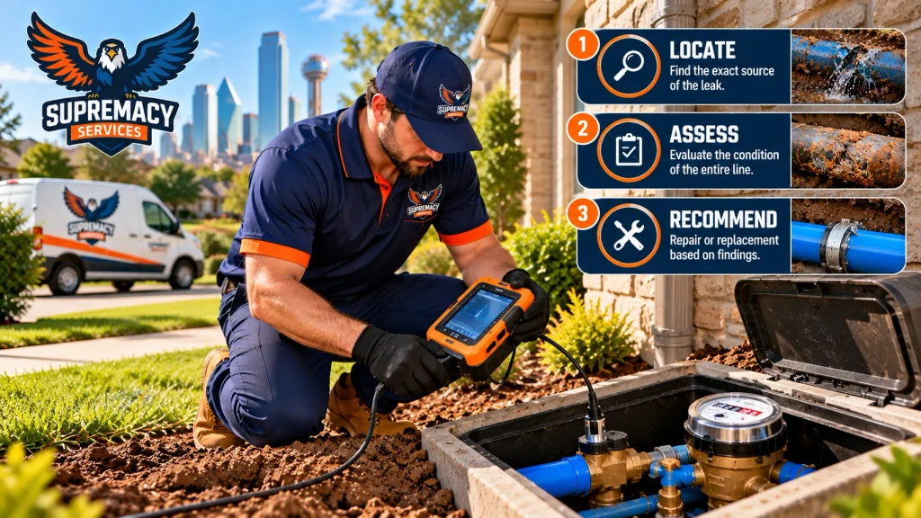 Supremacy Services technician using leak detection equipment to inspect a residential water service line
