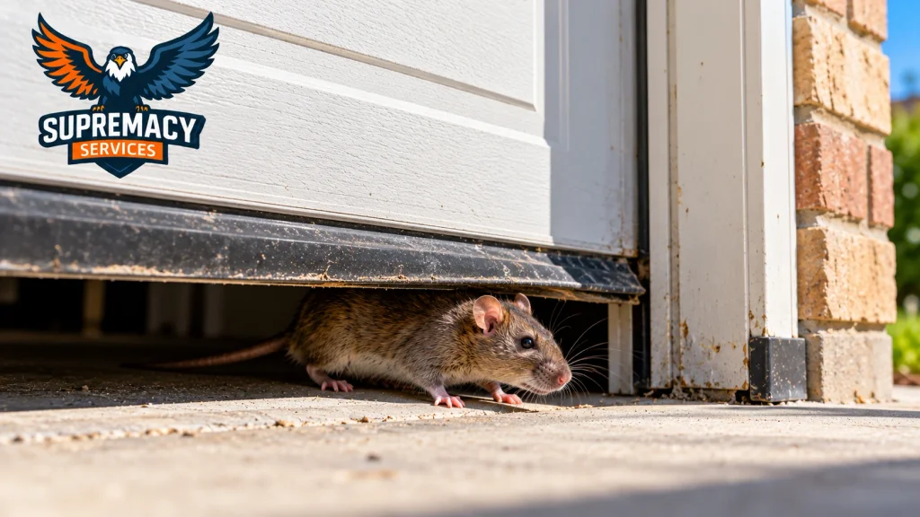 Rat entering beneath a garage door through a gap caused by a worn or poorly fitting bottom seal.