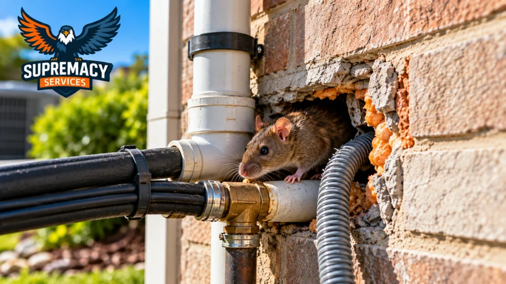 Rat beside an unsealed opening where pipes and utility lines penetrate a brick exterior wall.