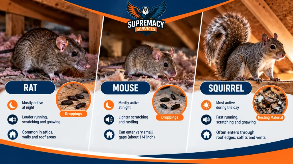 Comparison of rat, mouse and squirrel attic activity, sounds and entry signs