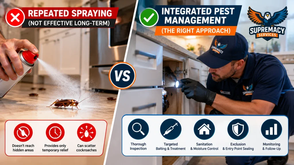 Comparison of repeated cockroach spraying with professional inspection, targeted treatment, sanitation and exclusion