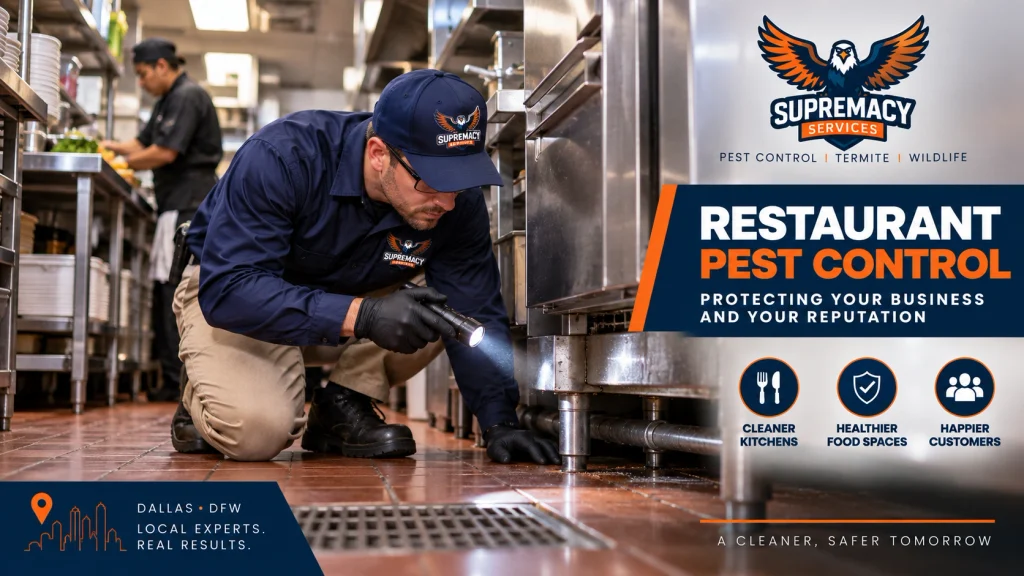Pest control technician inspecting beneath commercial kitchen equipment for pest activity in a Dallas restaurant.
