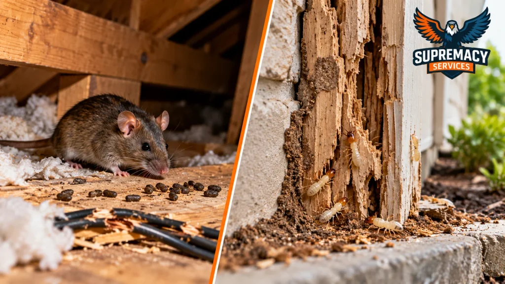 Rat activity in an attic and termite damage in structural wood