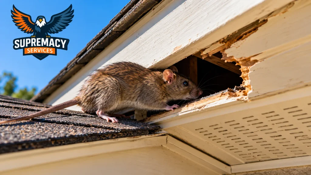 Rat entering a damaged soffit opening beneath the roof of a North Texas home.
