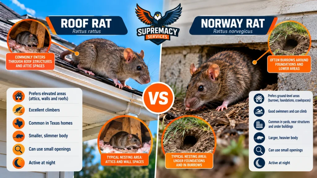 Comparison of roof rats using elevated attic and roof entry points versus Norway rats using ground-level foundation and burrow areas.