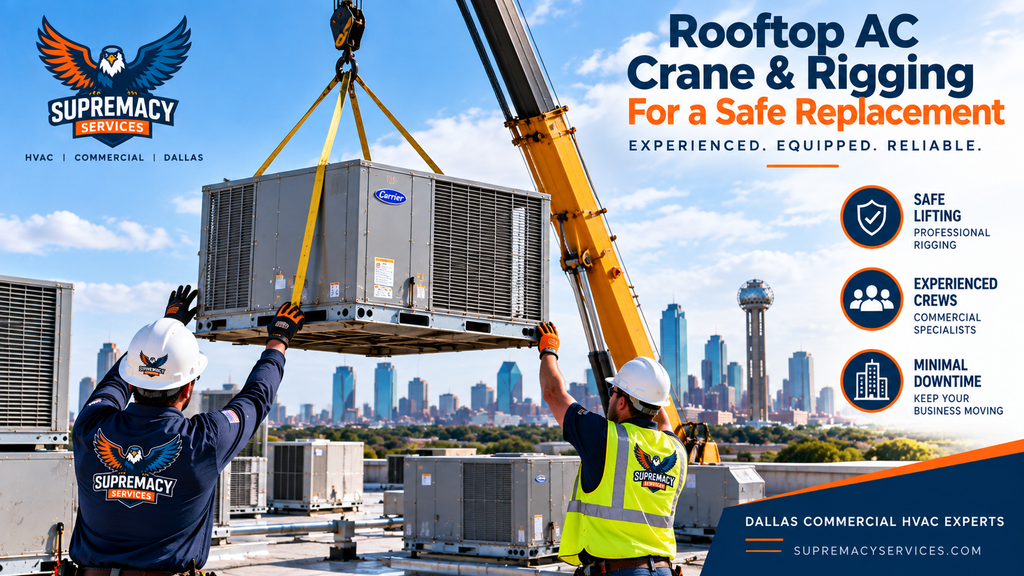 Crane lifting a commercial rooftop HVAC unit during an RTU replacement project in Dallas