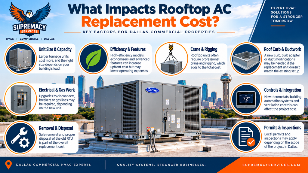 Factors affecting commercial rooftop AC replacement cost including unit capacity, efficiency, crane access, roof curb and electrical work