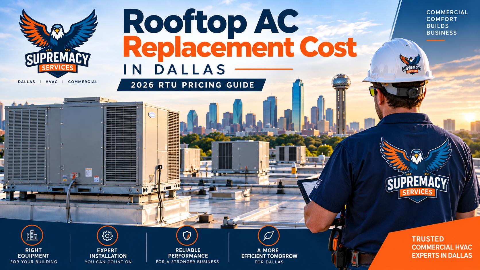 Commercial rooftop AC replacement on a Dallas building with Supremacy Services technician and rooftop HVAC units