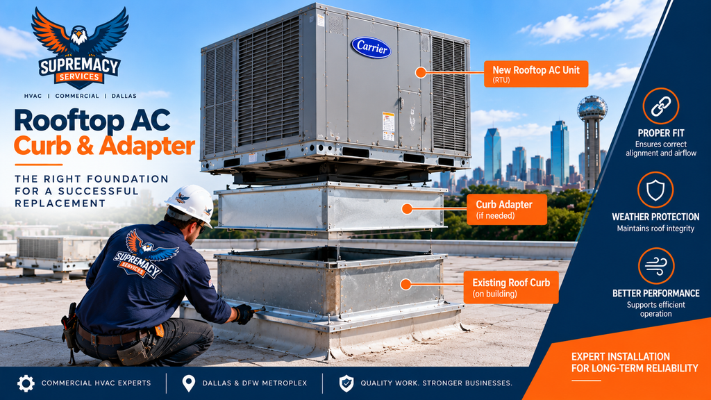New commercial rooftop HVAC unit mounted above an existing roof curb using an RTU curb adapter