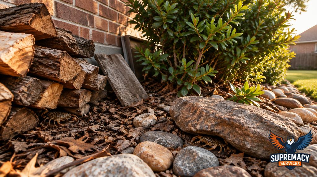 Firewood, rocks and landscaping creating scorpion hiding places near a Dallas home