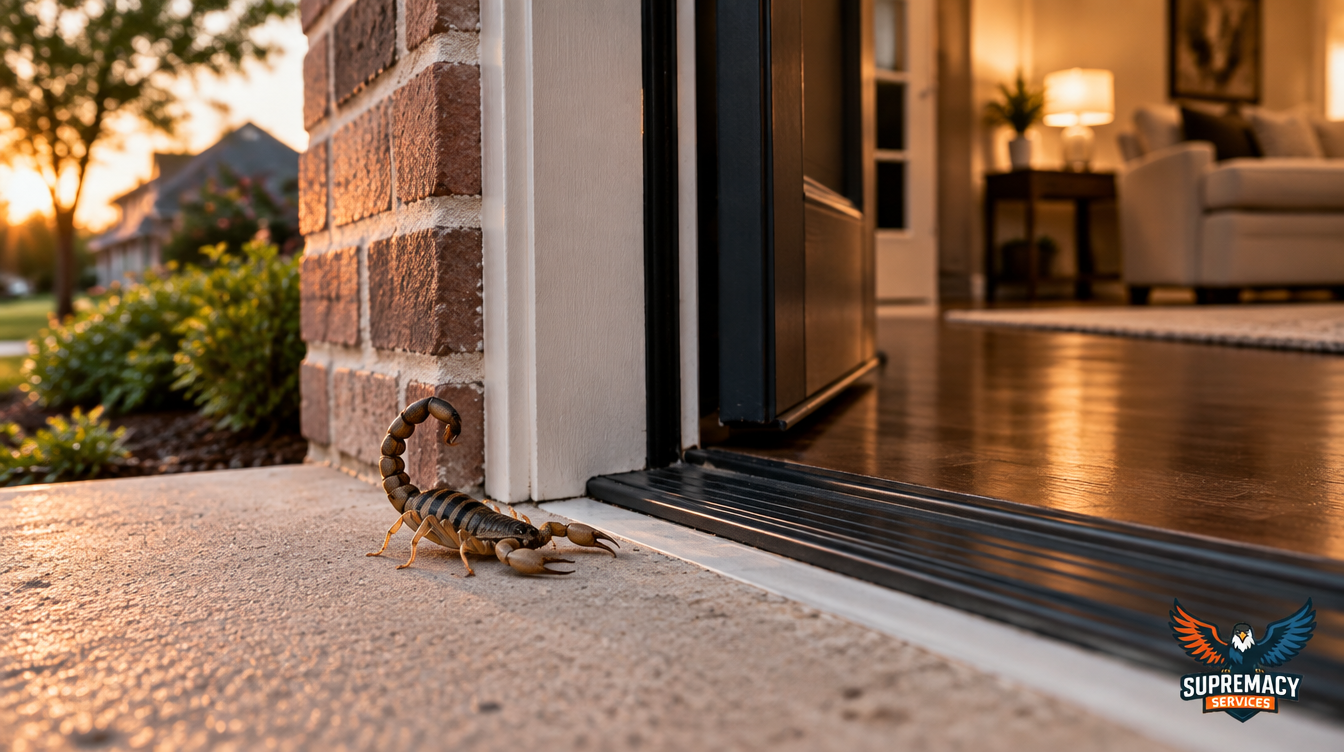 Striped bark scorpion near the doorway of a Dallas-area home