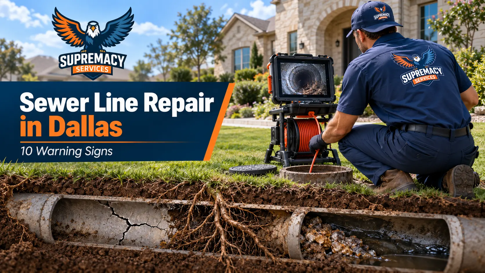 Sewer Line Repair in Dallas technician inspecting a damaged underground sewer line.