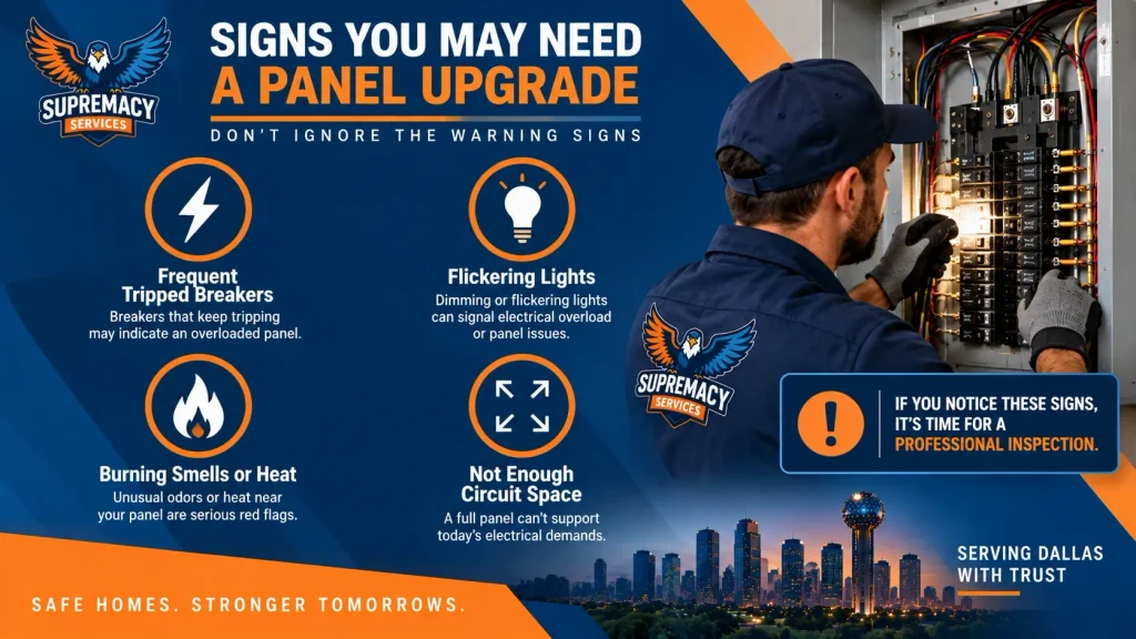 Signs a Dallas home may need an electrical panel upgrade, including tripping breakers, flickering lights, heat and limited circuit space.
