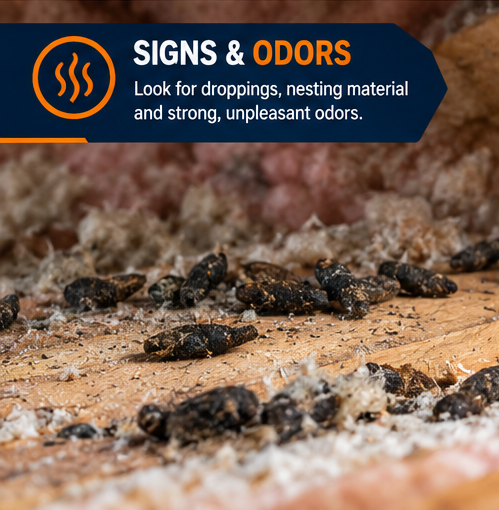 Signs of raccoon activity and odors in a Dallas home attic