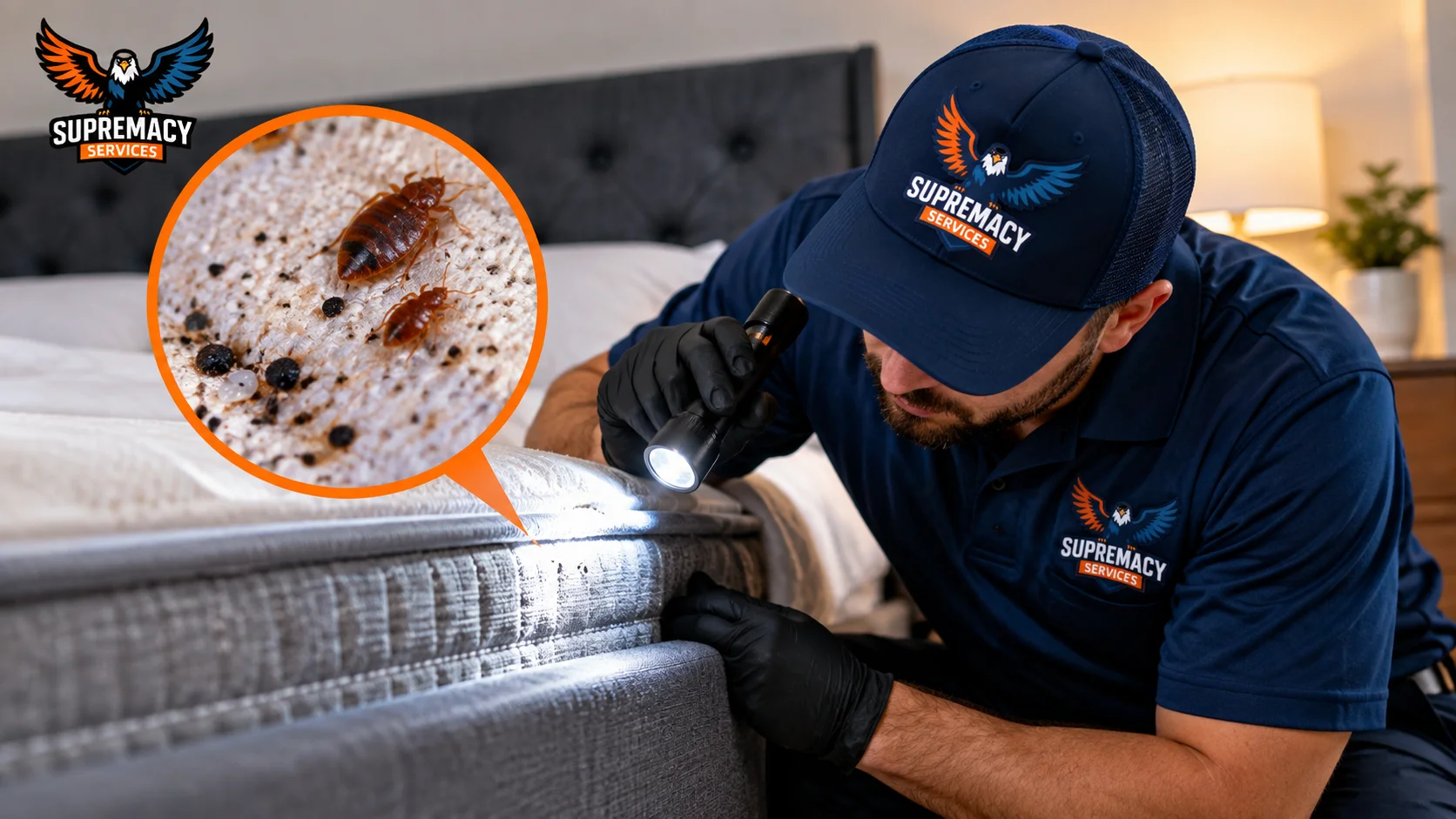 Supremacy Services technician inspecting a mattress seam for signs of bed bugs in a Dallas home.