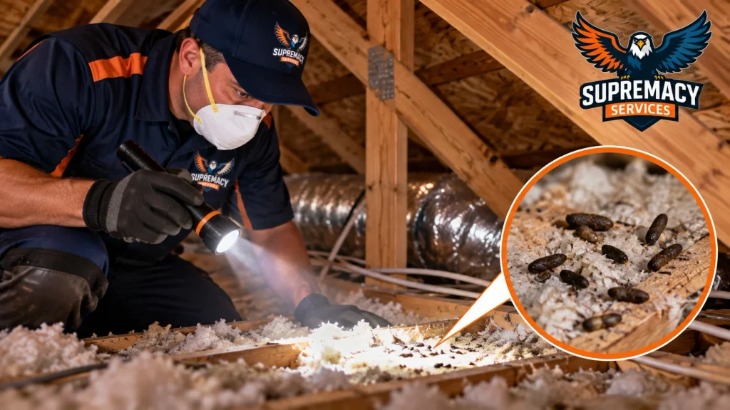 Supremacy Services technician inspecting attic insulation for rodent droppings and signs of activity