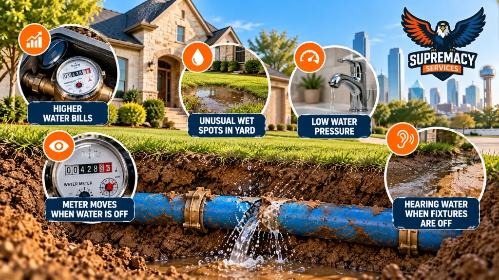 Signs of an underground water line leak including wet yard areas, low water pressure and unexpected meter movement