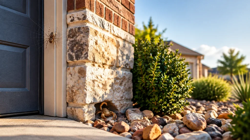 Exterior garage and foundation areas where spiders and scorpions may find shelter or enter a home