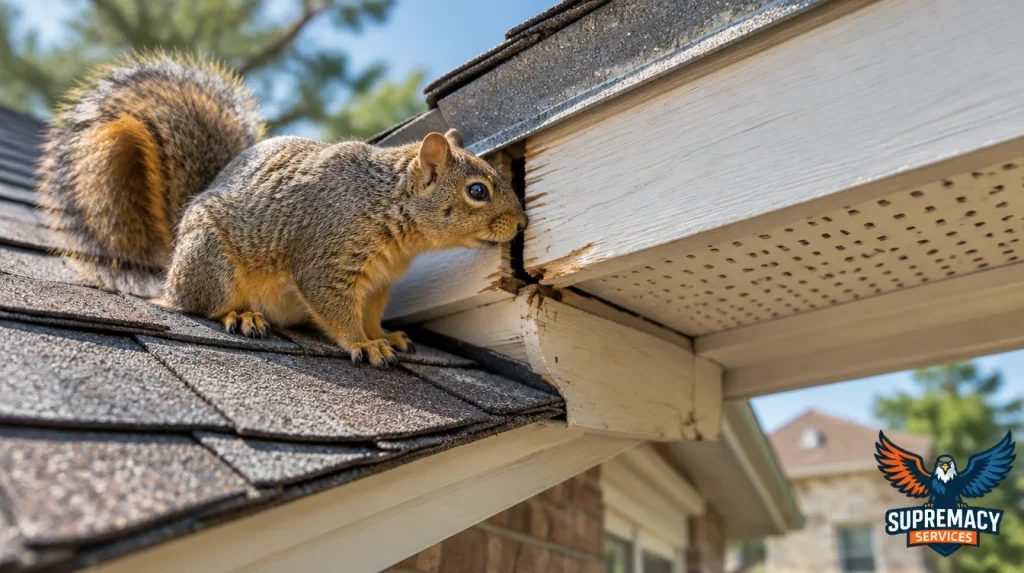 Squirrel entering attic through damaged soffit and fascia gap